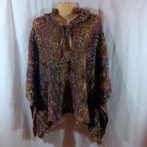 Express Womens Large Y2K Knit Hooded Poncho Open Weave Cable Earthy Metallic